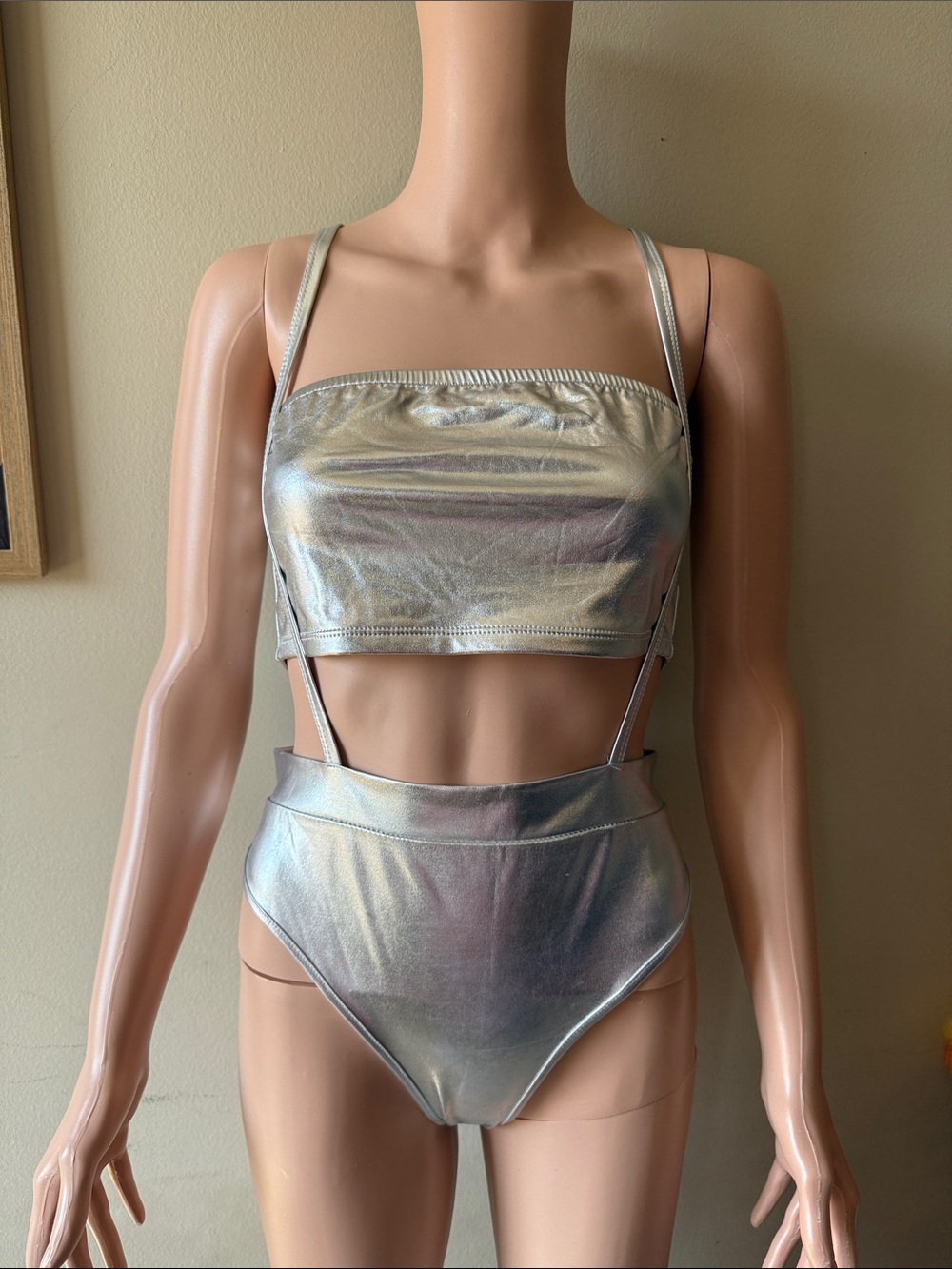 Metallic Silver Strappy Crop Top - Women
